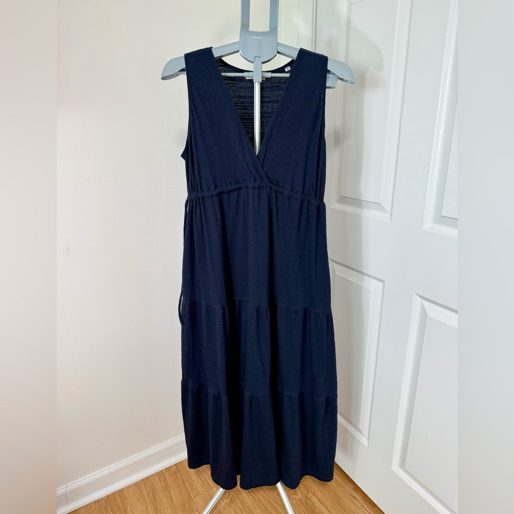 Max Studio London Navy Tiered Midi Dress | Surplice V-Neck | Side Ties | Pockets
